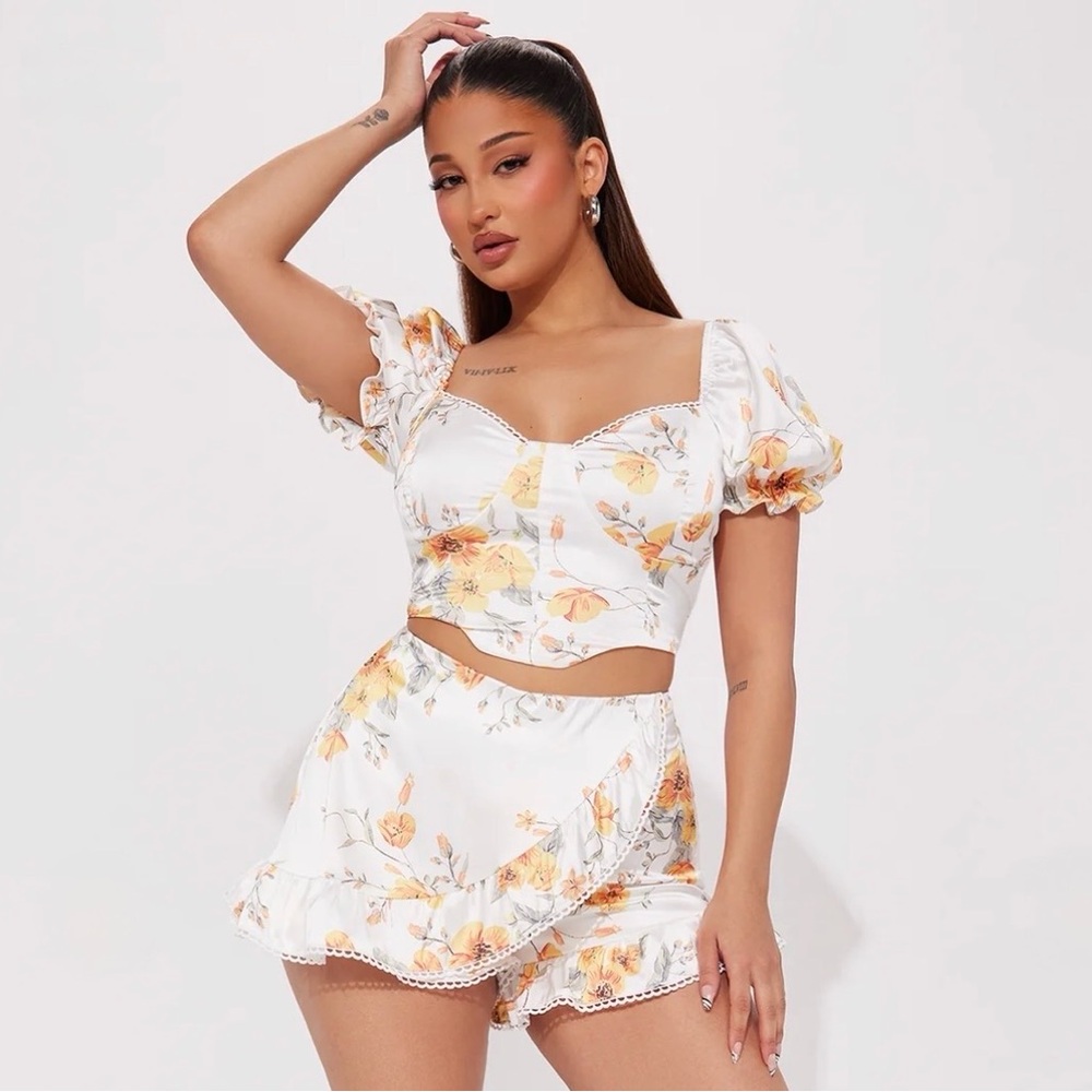 Fashion Nova White Floral Puff Sleeve Top & Ruffle Shorts Set